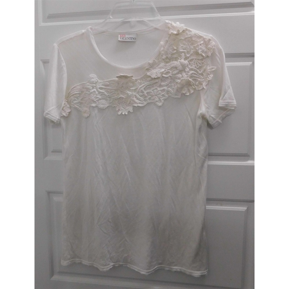 Valentino Red White Cotton‎ Blend White Lace T-shirt Blouse Top sz S